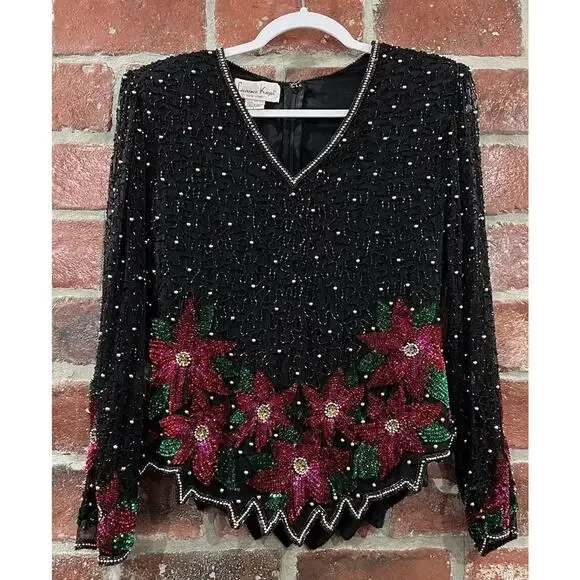 Vintage Laurence Kazar Black Beaded Silk Top Poinsettia Flowers Size Large - Picture 1 of 9